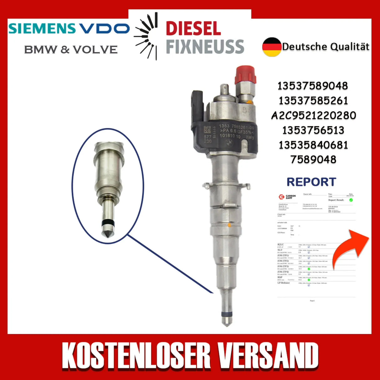 Fuel Injector BMW 1/3/5 Series | Part No: 13537589048/13537585261-08 Benzin | Compatible with N45/N43/N53 Engines | Includes Copper Ring, O-Ring, Test Reportv