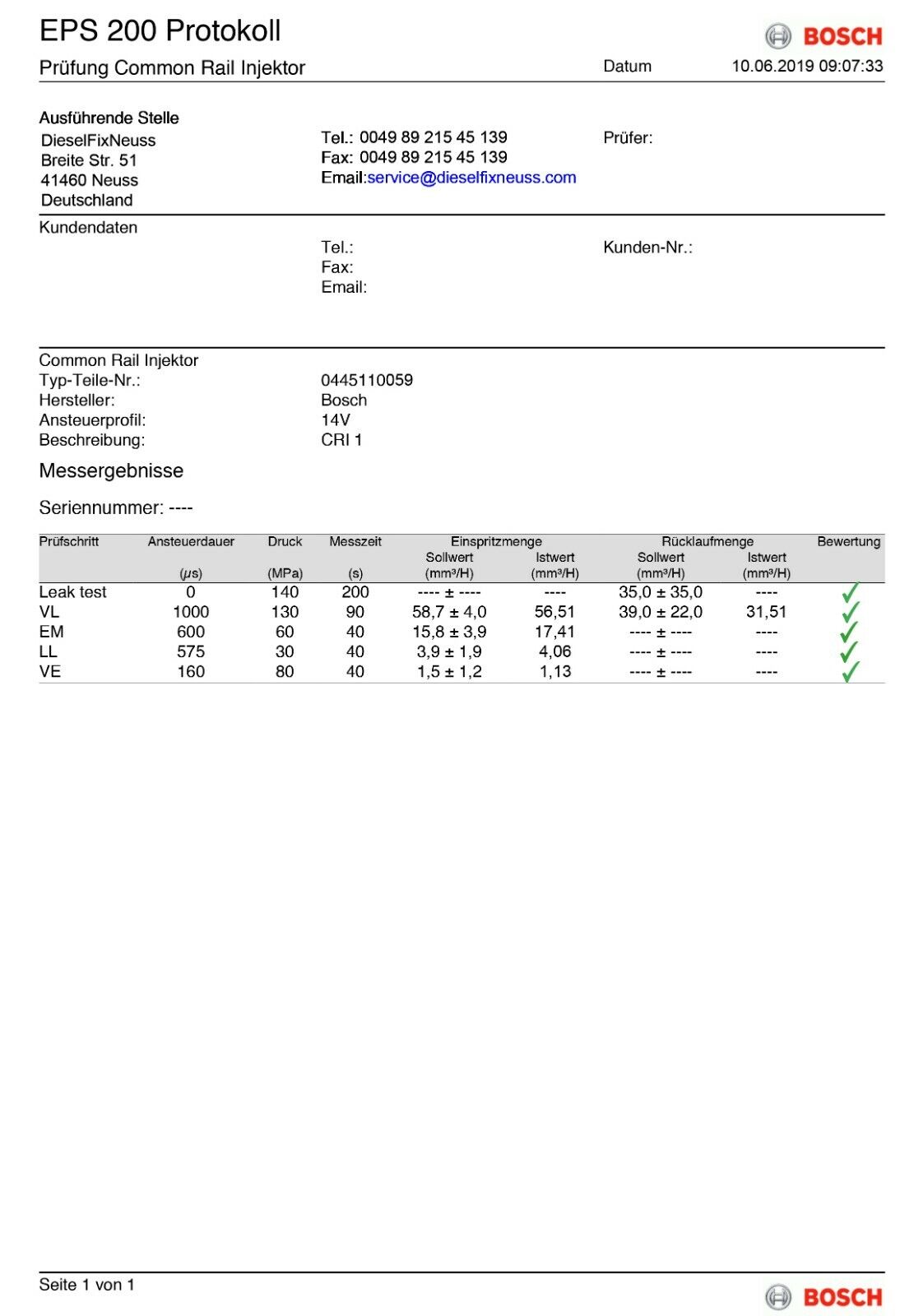 Einspritzdüse Bosch 0445110059 098643514 Injektor Chrysler Voyager Jeep 2.8 2.5