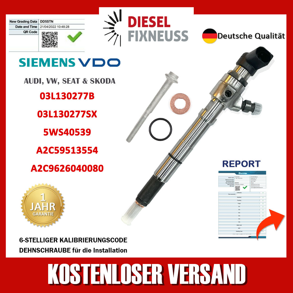 4x Einspritzdüse 03L130277B Siemens VW Motor 1,6 TDI CAYB