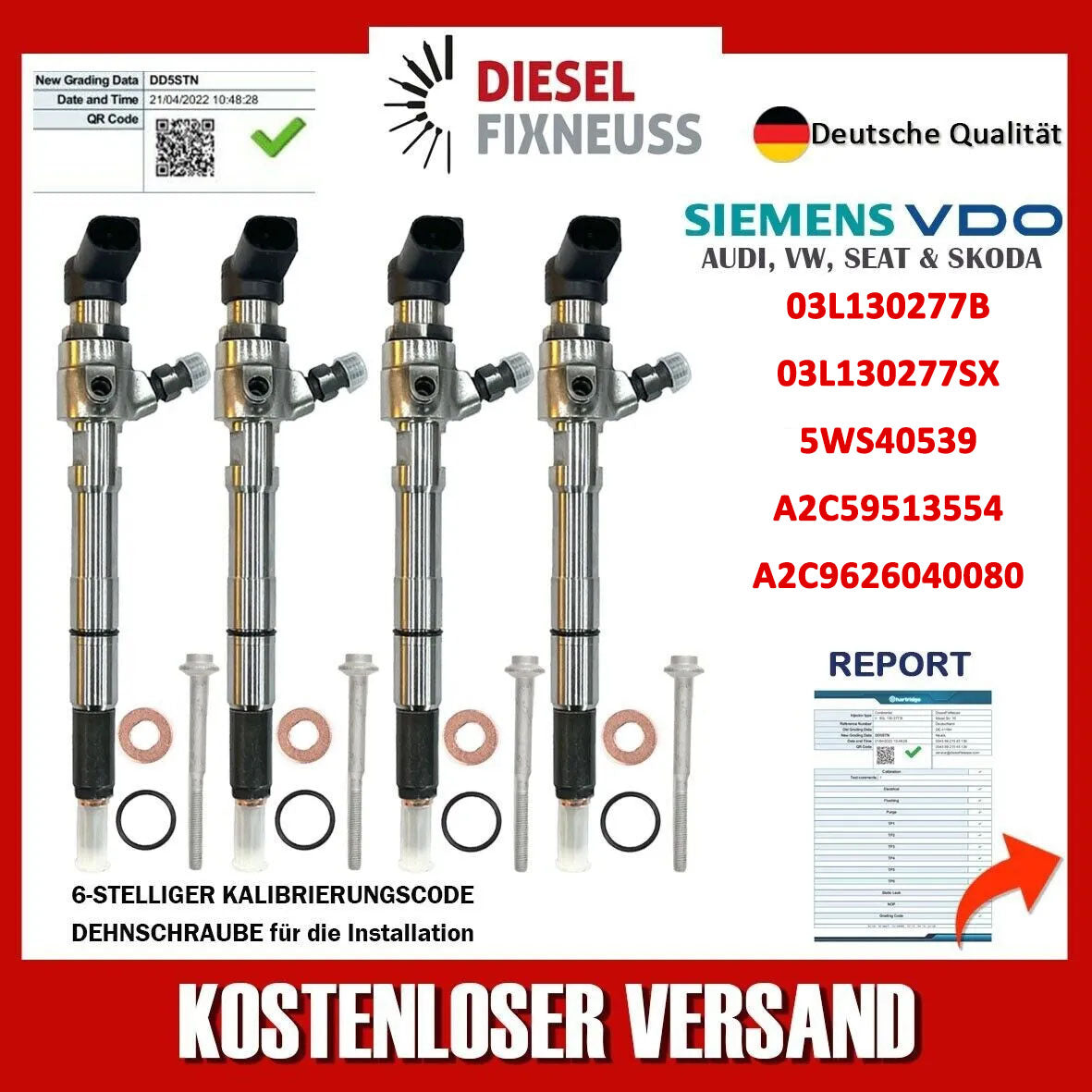 4 X DIESEL INJECTOR FITS SEAT, AUDI, SKODA, VW GOLF, CADDY 1.6TDI, 03L130277B