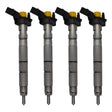 4x Bosch injectors (part number 0445115037) compatible with Audi VW vehicles. Includes copper sealing rings, O-rings, and (Bosch Dci 700) test report. Fits VW and Audi models. Comes with 1-year warranty without kilometer limitation.
