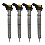 4x Bosch injectors (part number 0445115037) compatible with Audi VW vehicles. Includes copper sealing rings, O-rings, and (Bosch Dci 700) test report. Fits VW and Audi models. Comes with 1-year warranty without kilometer limitation.