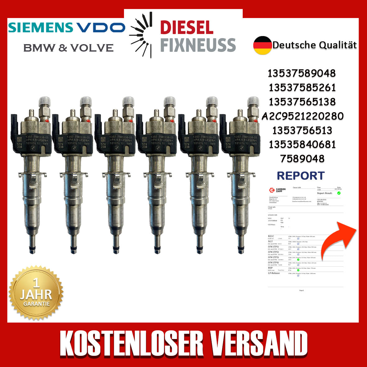 6x Einspritzdüse Einspritzventil für BMW Benzin 13537589048 13537565138-05 N63