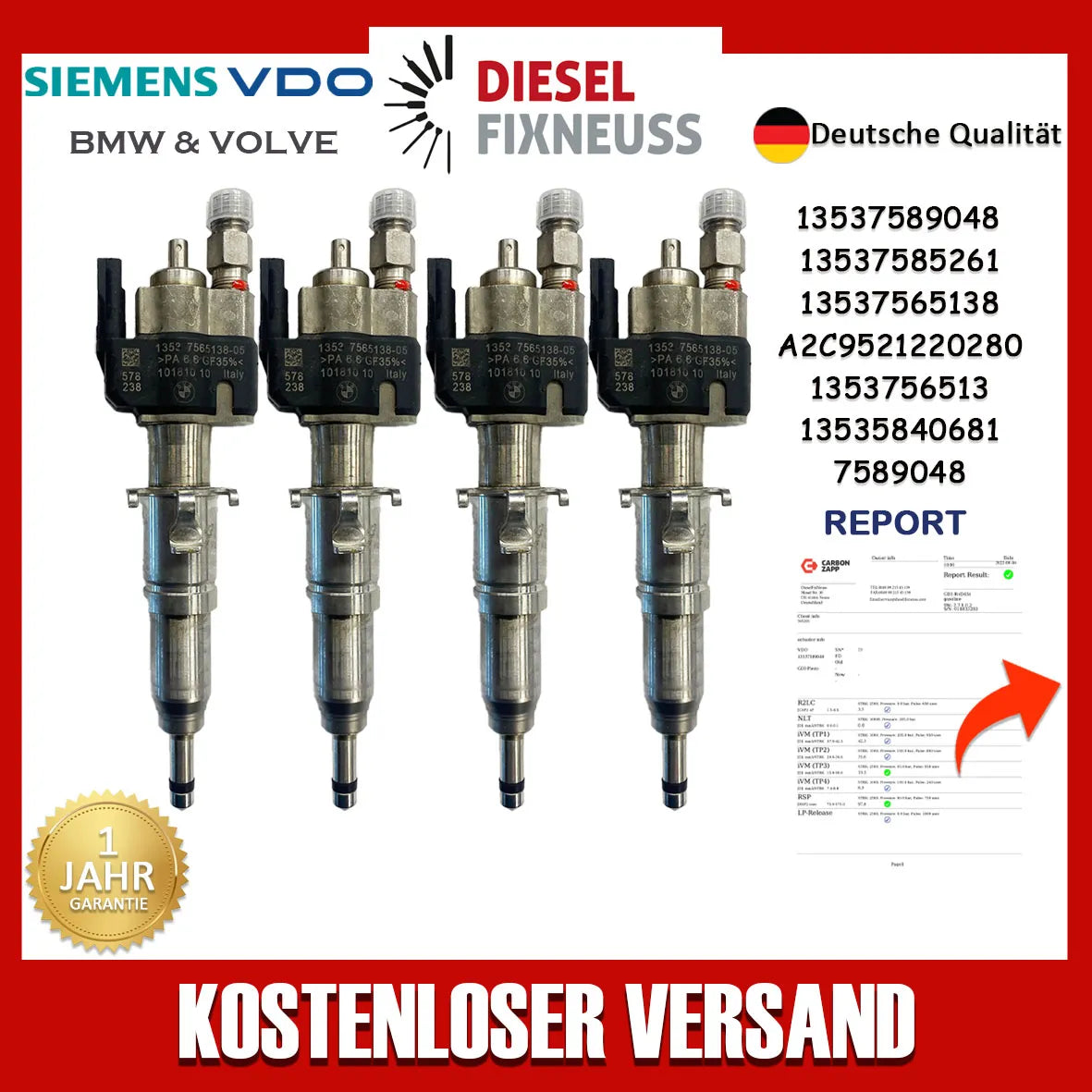 4x Fuel Injector BMW 1/3/5 Series | Part No: 13537589048/13537565138-05 Benzin | Compatible with N45/N43/N53 Engines | Includes Copper Ring, O-Ring, Test Report | 1-Year Unlimited Mileage Warranty