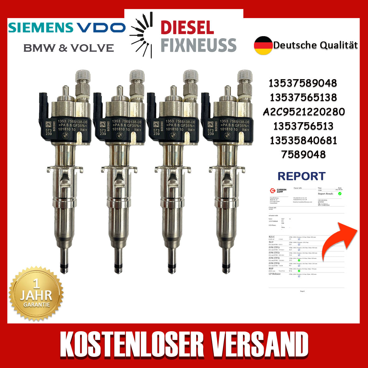 4x Einspritzdüse für BMW Benzin 13537589048 13537565138-06 N63 13537585261