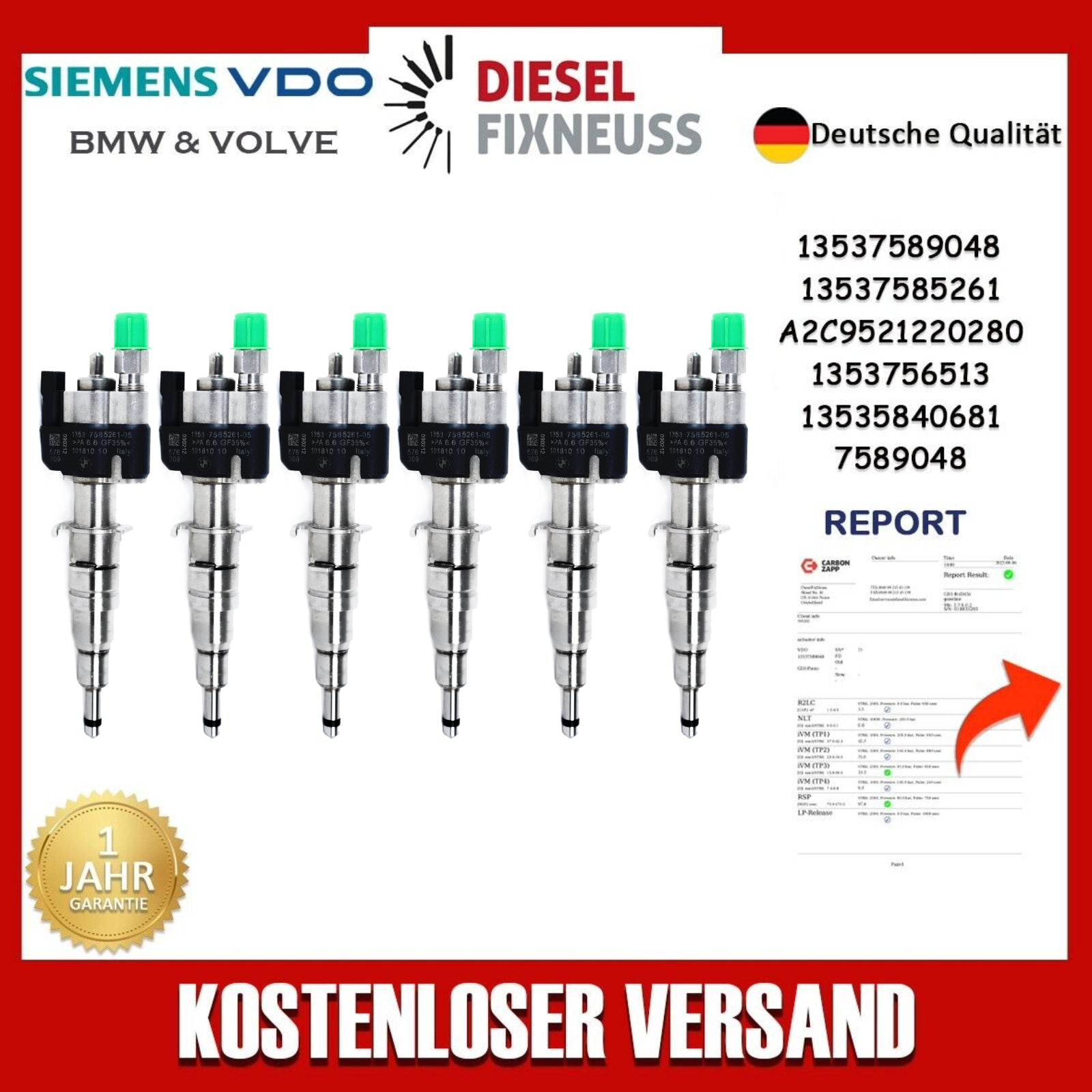 6x Einspritzdüse Einspritzventil VDO 13537585261-05 13537589048 N43 N53 BMW Benzin