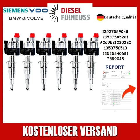 BMW Fuel Injector - VDO/Siemens 13537585261-06 / 13537589048. High-quality fuel injectors for BMW gasoline engines. Compatible with N43, N53, and N52 engine series. Includes copper sealing rings and test report.