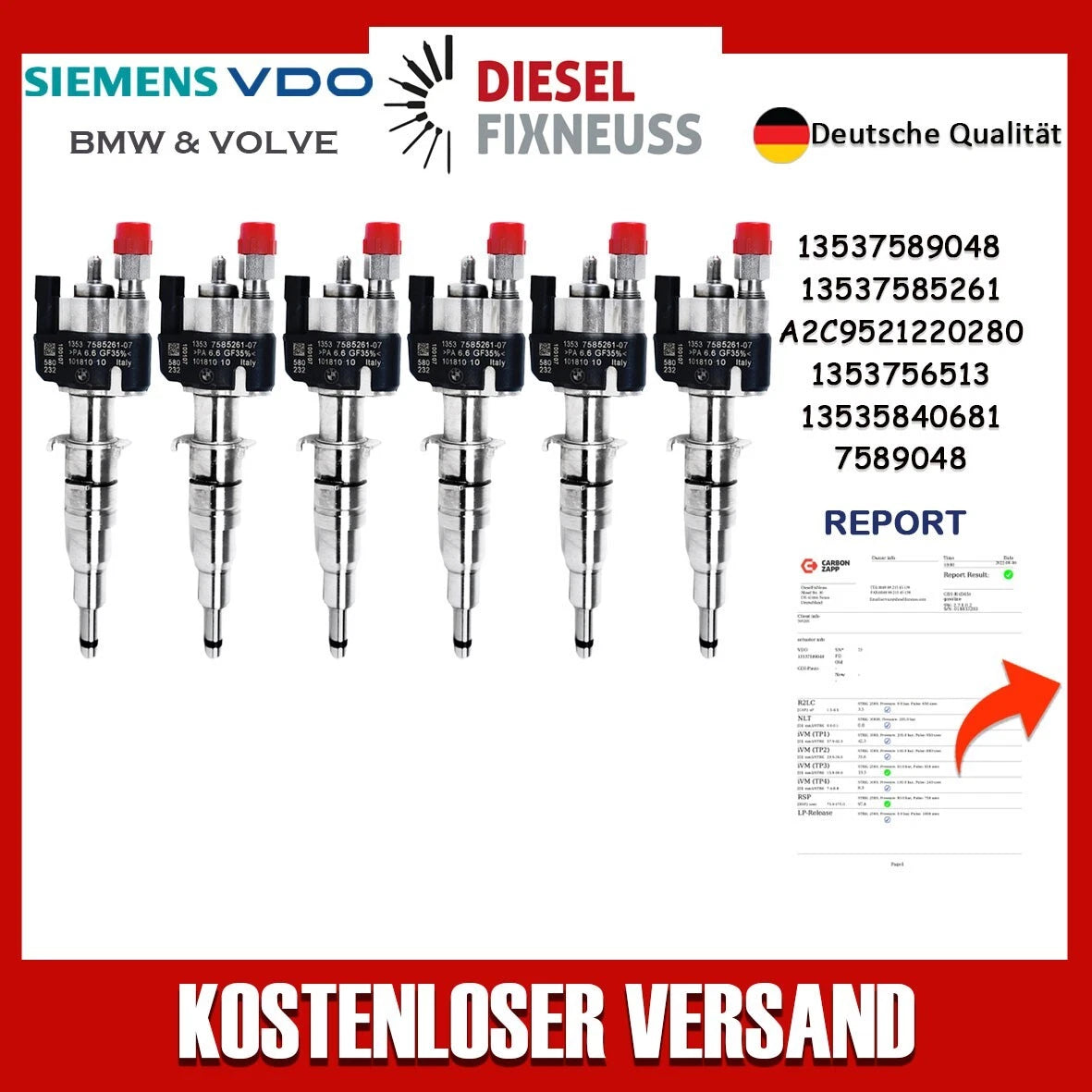 6x Fuel Injector BMW 1/3/5 Series | Part No: 13537589048/13537585261-07 Benzin | Compatible with N45/N43/N53 Engines | Includes Copper Ring, O-Ring, Test Report