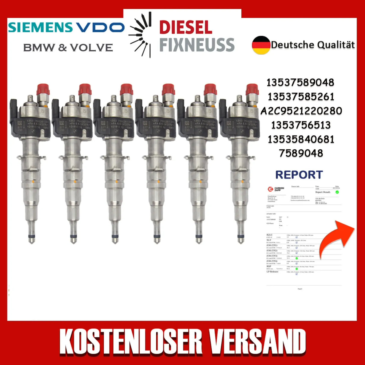 6x Fuel Injector BMW 1/3/5 Series | Part No: 13537589048/13537585261-08 Benzin | Compatible with N45/N43/N53 Engines | Includes Copper Ring, O-Ring, Test Report