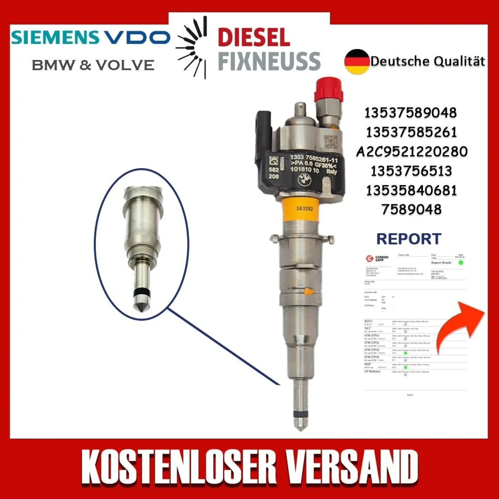 Fuel Injector BMW 1/3/5 Series | Part No: 13537589048/13537585261-11 Benzin | Compatible with N45/N43/N53 Engines | Includes Copper Ring, O-Ring, Test Report