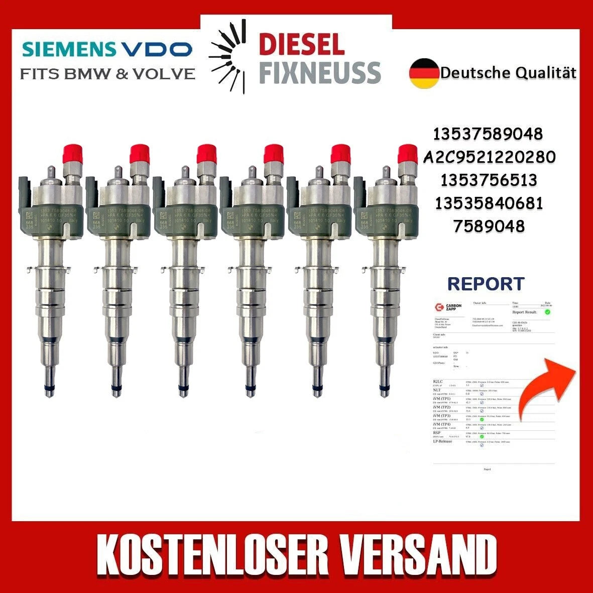 6x Fuel Injector BMW 1/3/5 Series | Part No: 13537589048-08/13537565138 Benzin | Compatible with N45/N43/N53 Engines | Includes Copper Ring, O-Ring, Test Report