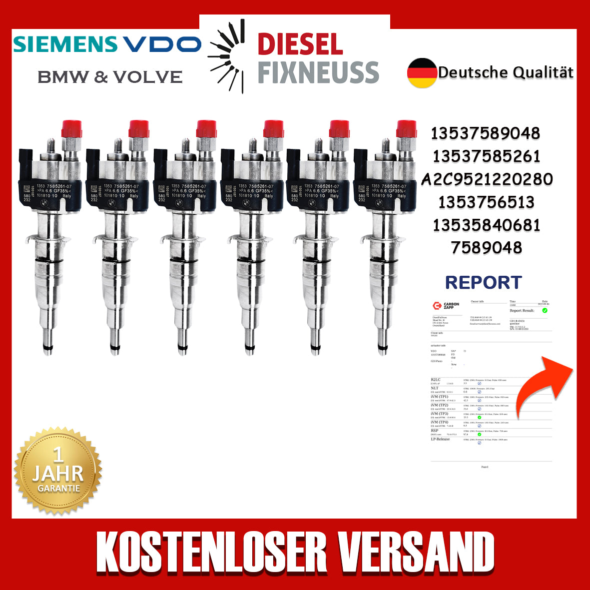 6x Einspritzdüse Einspritzventil VDO 13537585261-07 13537589048 N43 N53 BMW Benzin