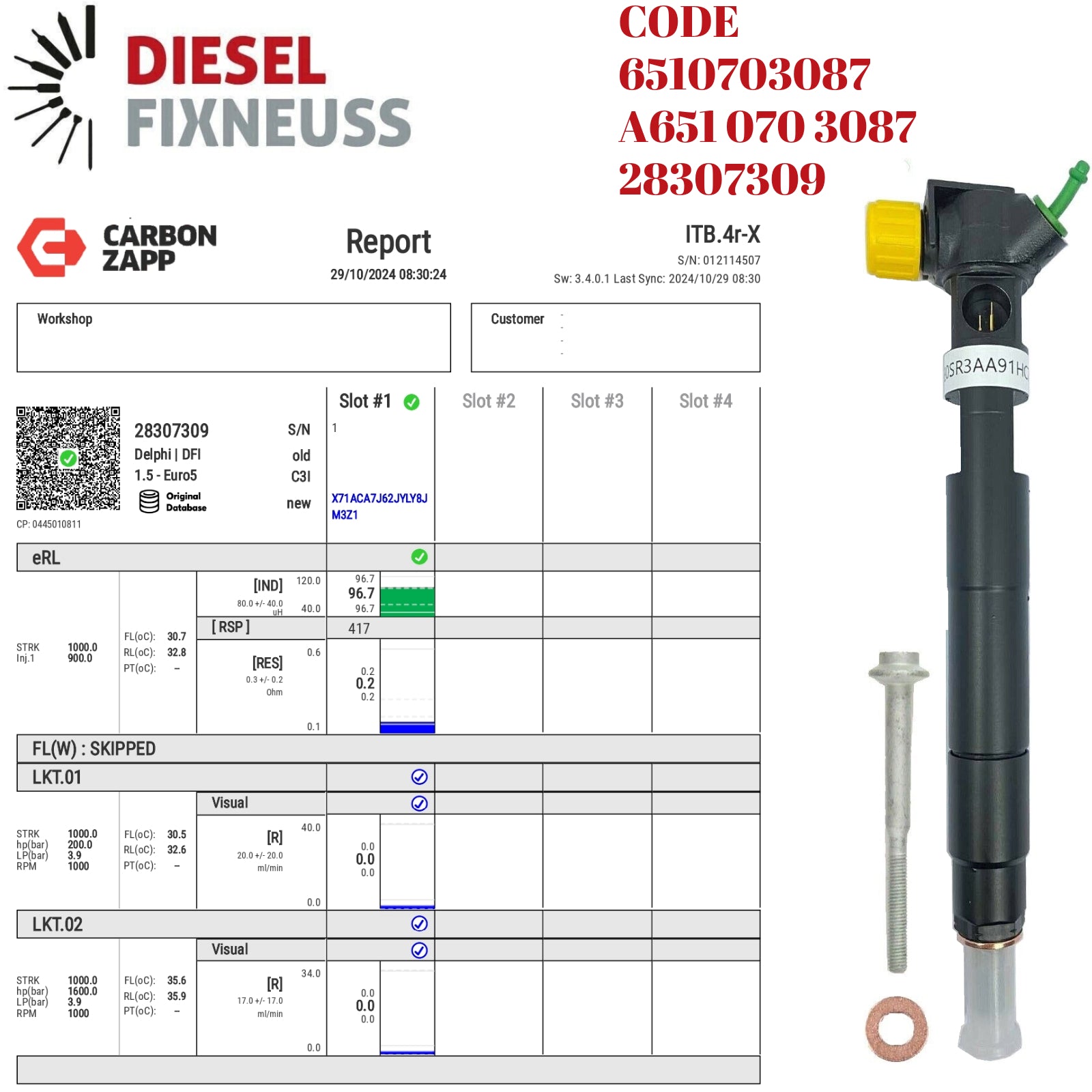 Diesel 28307309 Delphi Injector Report on Carbon Zapp Test Machine