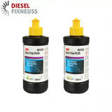 2x 3M Perfect-It III Extra Fine PLUS Schleifpaste 80349 (250 mL) — a fine polishing paste designed for finishing modern scratch-resistant clear coats, effectively removing fine and coarse sanding scratches while preventing orange peel effect; suitable for 2K standard paints and usable by hand or machine, delivering outstanding paint finish