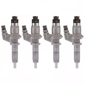 4x BOSCH injector 0445120008 for GMC ISUZU CHEVROLET 6.6L diesel engines. Compatible with LBZ engine codes. OEM quality replacement part.