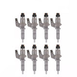 8x BOSCH injector 0445120008 for GMC ISUZU CHEVROLET 6.6L diesel engines. Compatible with LBZ engine codes. OEM quality replacement part.