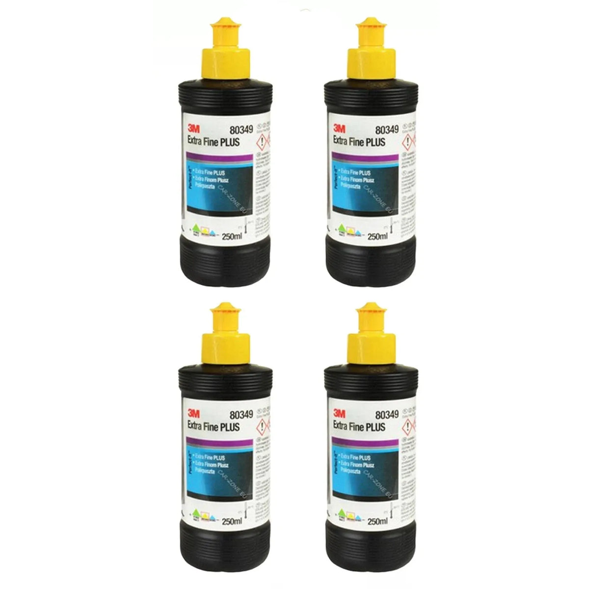 4x 3M Perfect-It III Extrafine 80349 (250 mL) is an award-winning, color-coded fine abrasive paste designed for finishing modern scratch-resistant clear coats, removing fine and coarse sanding scratches without causing orange peel effect, suitable for 2K standard paints and usable by hand or machine for outstanding paint finishing