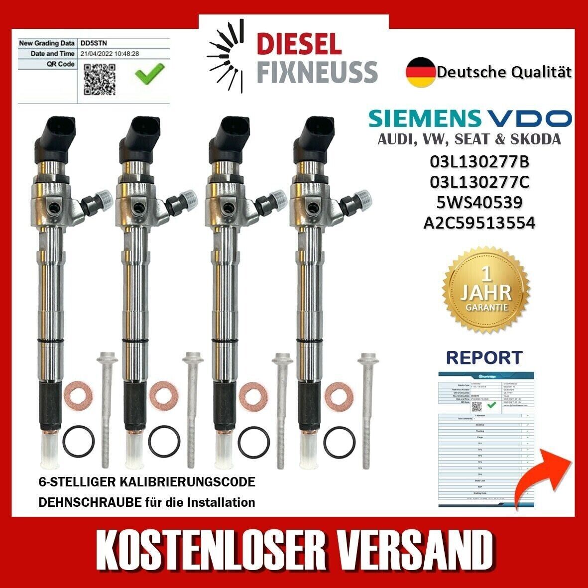 4 x Einspritzdüse 03L130277B Siemens VW Motor 1,6 TDI CONTINENTAL CAYB