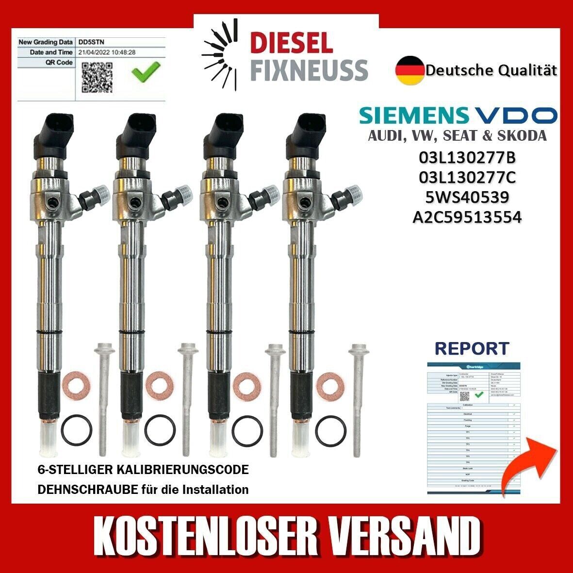 4 X DIESEL INJECTOR FITS SEAT, AUDI, SKODA, VW GOLF, CADDY 1.6TDI, 03L130277B