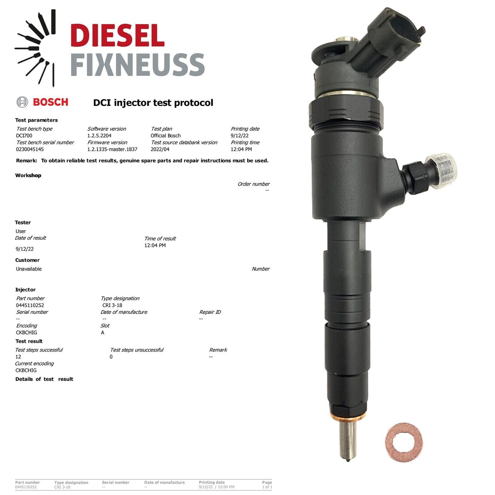 Fuel Injector 0445110252 CITROEN C2 C3 NEMO / PEUGEOT 206 207 BIPPER 1,4 HDi