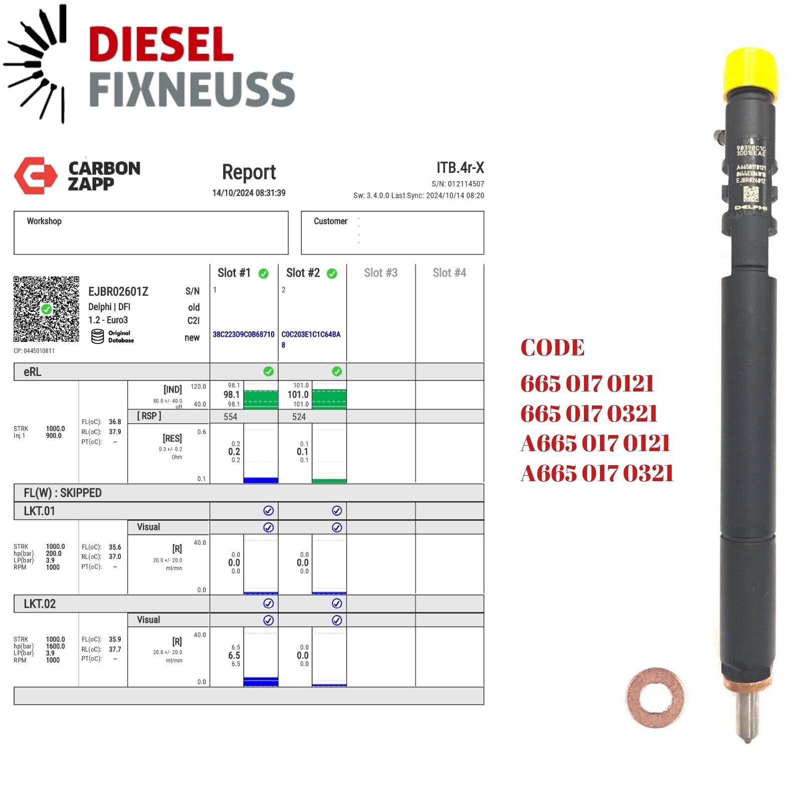 Diesel EJBR02601Z Delphi Injector Report on Carbon Zapp Test Machine