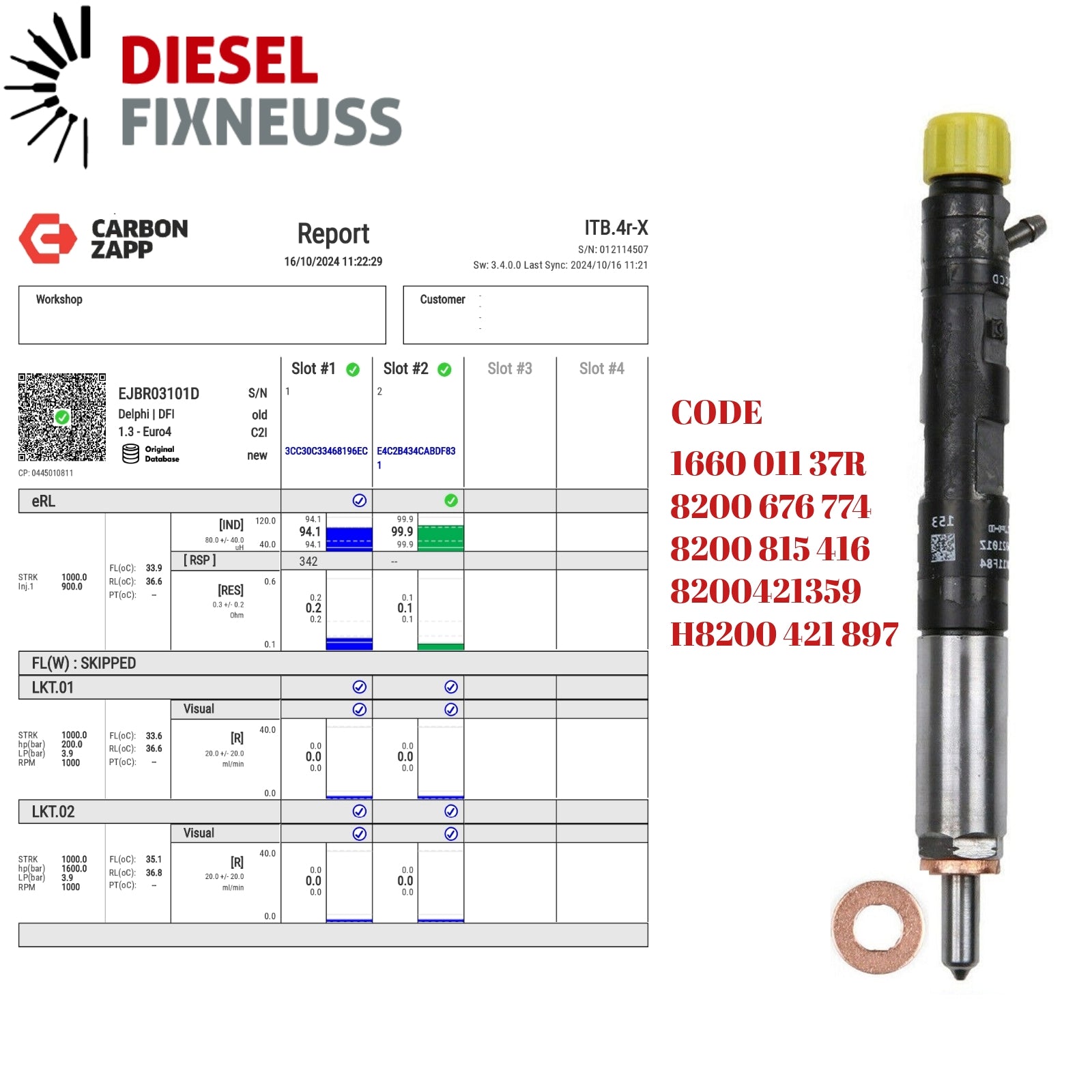 Diesel EJBR03101D Delphi Injector Report on Carbon Zapp Test Machine