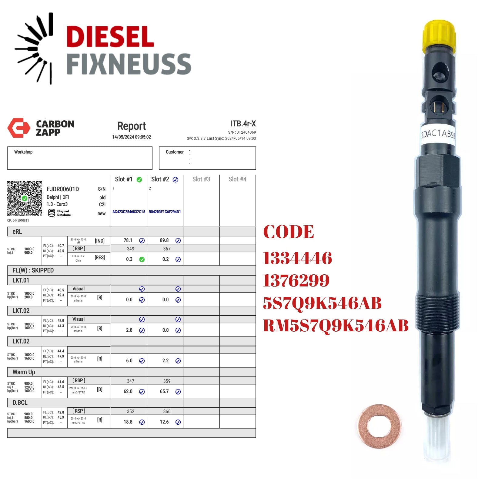 Diesel EJDR00601D Delphi Injector Report on Carbon Zapp Test Machine